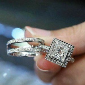 New Gorgeous 925 Sterling Silver Diamond 2 Pc. Ring Set